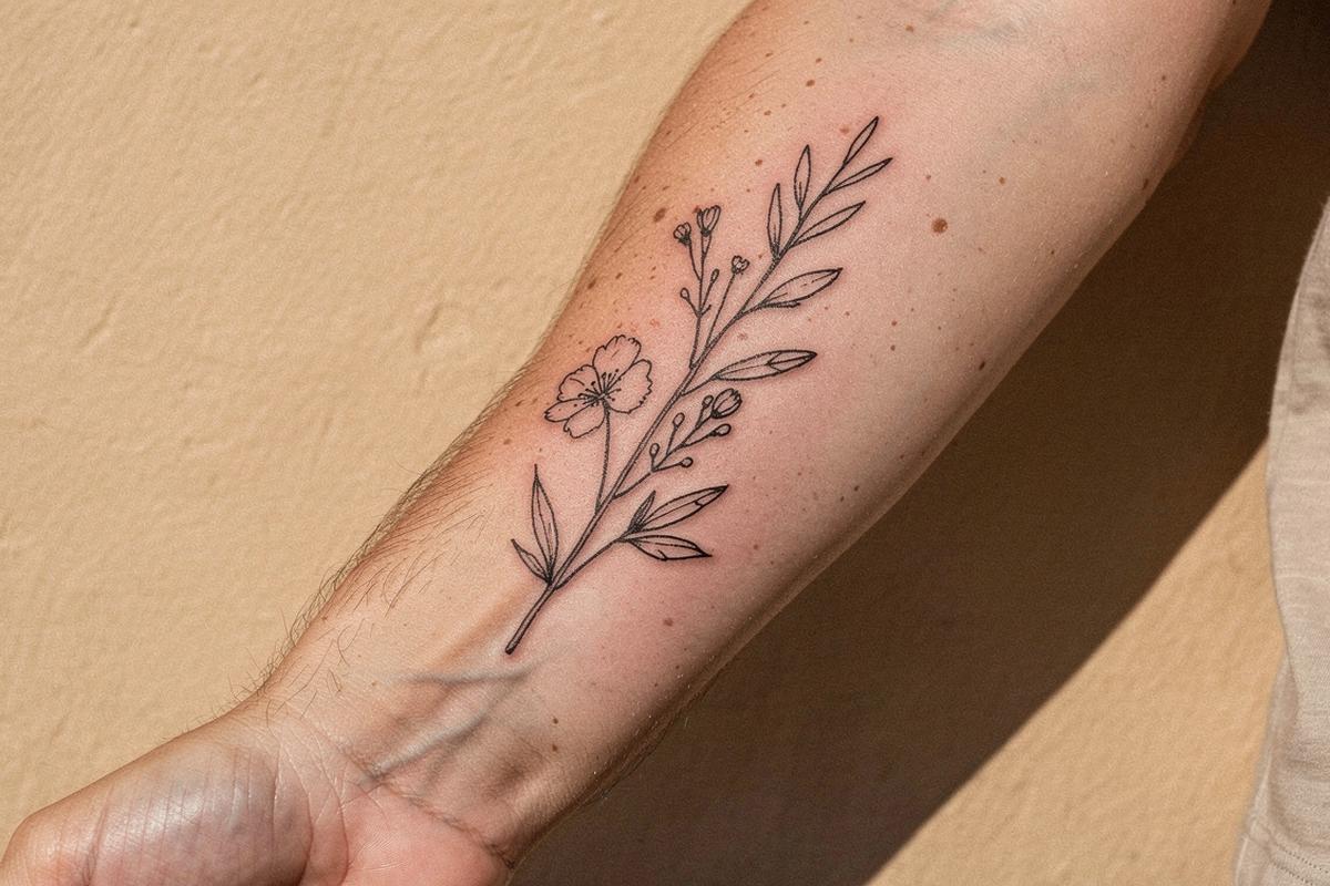 Healed fine-line botanical tattoo on a forearm, photographed in daylight at the studio
